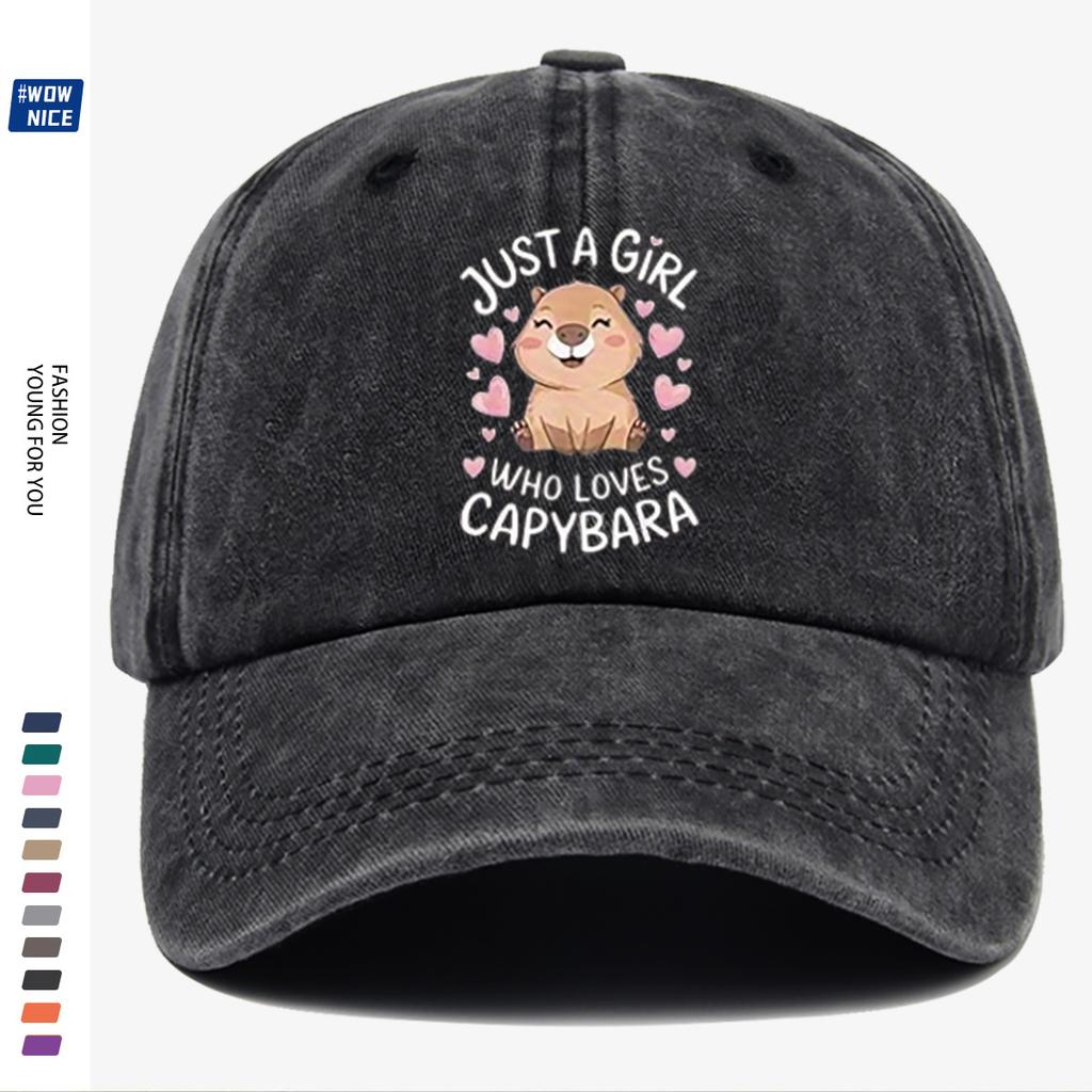 pc Cute Capybara Cartoon Pattern Baseball Cap JUST A WHO LOVES CAPYBARA English Lettering Surrounded by Pink Heart Accents