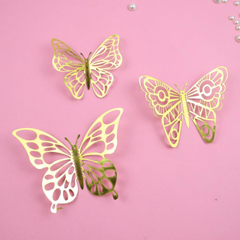 12Pcs Artificial Butterfly Birthday Cake Topper Golden 3D Butterflies Cupcake Toppers For Wedding Party Baking Dessert Decor