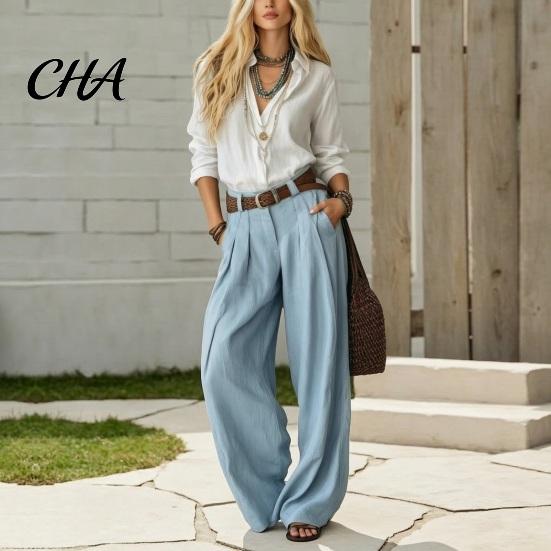 Casual Matching Sets Women Two Piece Set for Fall, V Neck Collared Shirt Anti Wrinkle Fall Outfits & Wide Leg Pants, Loose Fit Trousers Autumn