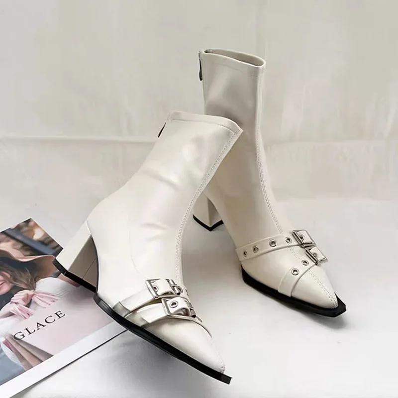 Ботильоны на высоком каблуке женские массивные туфли с острым носком из кожи женские зимние туфли-лодочки 2024 года готическая мода челси Botas Mujer