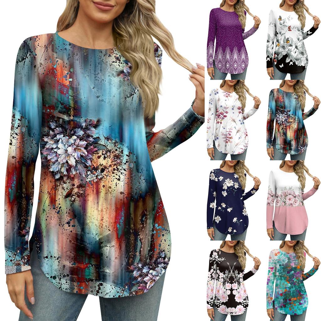 Женская рубашка с длинными рукавами, круглым вырезом и боковым разрезом, винтажный повседневный топ с цветочным принтом и листьями