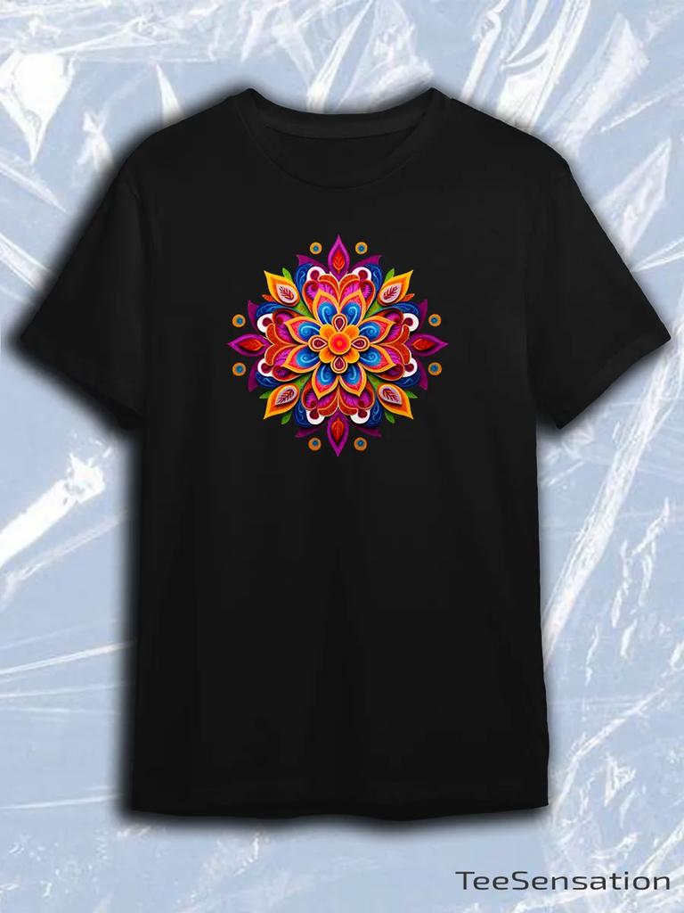 TeeSensation Black Crew Neck Short Sleeve T-Shirt with Vibrant 3D Colorful Mandala Print