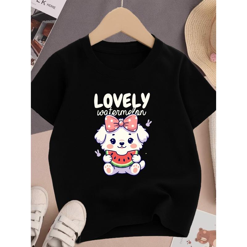 European sizes Girls' Round Neck Short Sleeve T-Shirt with Cute Puppy and Watermelon Print, Trendy Regular Fit T-Shirt, Stretchy and Breathable