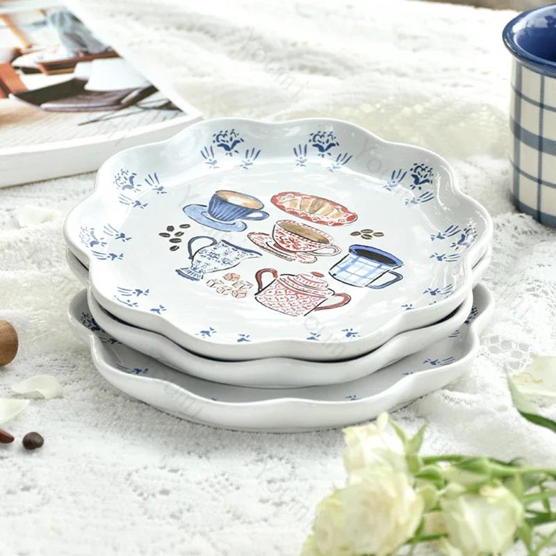 Милая керамическая тарелка во французском стиле для элитной кофейни, послеобеденного чая, изысканная десертная тарелка, домашняя вкусная паста, обеденные тарелки