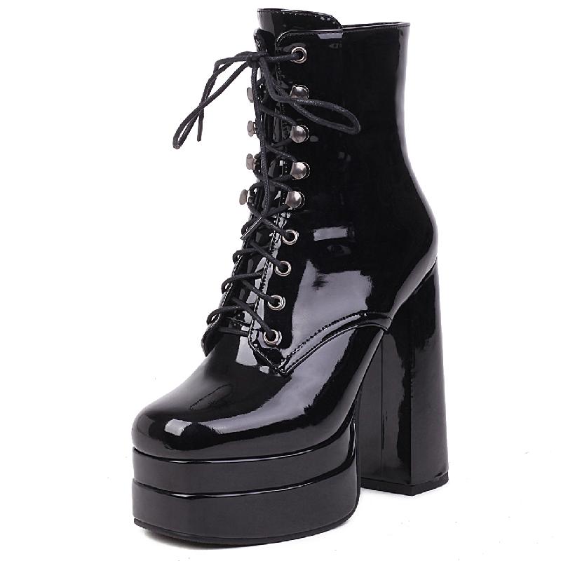 Spring Boot Ladies Sexy Punk High Heels Platform Ankle Boots For Women Leather Lace Up Red White Fetish Shoes Female Large Size