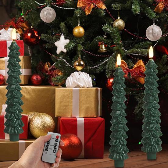 4 шт. Рождественская елка Беспламенные конусные свечи Зеленый светодиодный подсвечник с 3D мерцающим пламенем