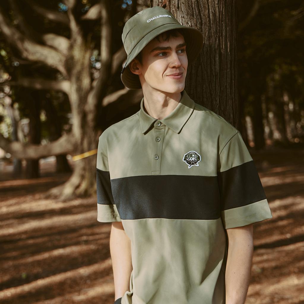 CHALLENGER Color Block Embroidered Patch Men'S Collared Short Sleeve T-Shirt Khaki