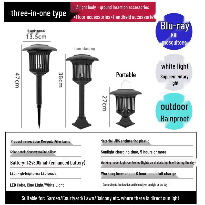 Водонепроницаемая перезаряжаемая солнечная лампа-уничтожитель насекомых и комаров для использования на открытом воздухе