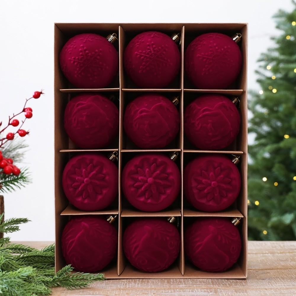 Break-Resistant Flocked Christmas Balls Ornaments 8 CM Red Tree Hangable Bauble Set Window Display