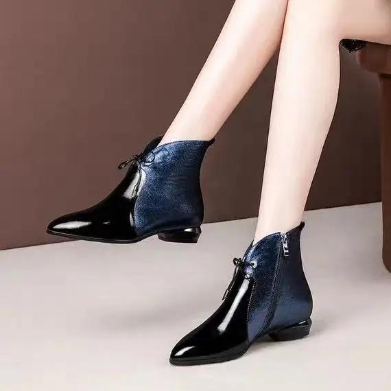 Winter Ankle Boots Women Winter Single Shoes Plus Velvet Low-heeled PU Leather Pointed Thick Fashion Woman Boots
