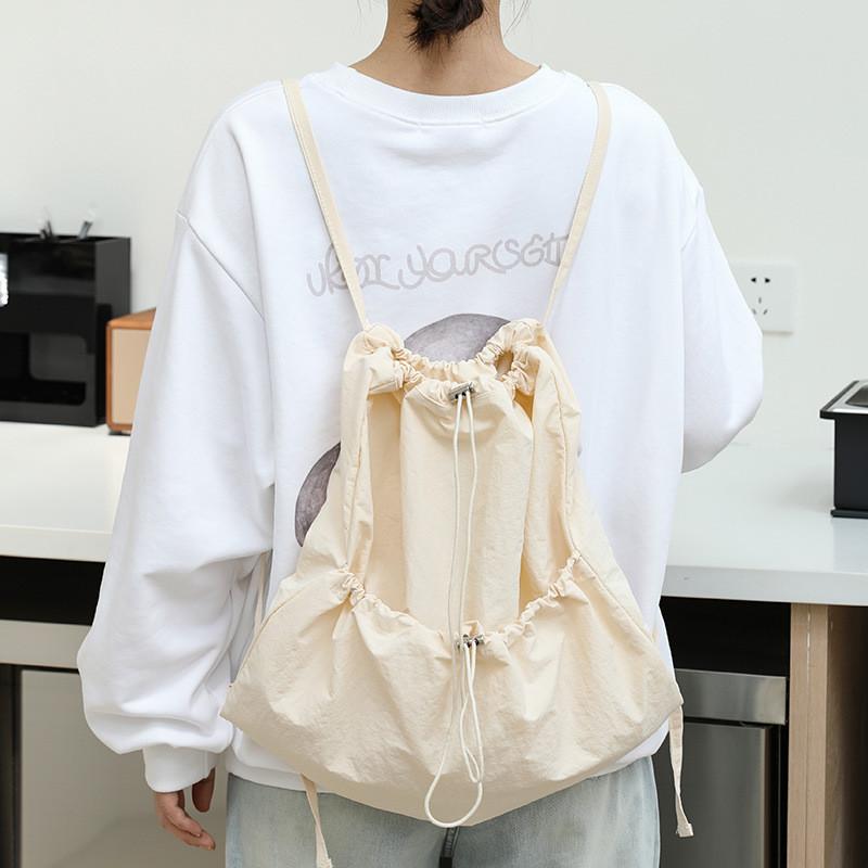IELGY Japanese Casual Art Canvas Backpack, Fashionable Drawstring Pleated Schoolbag, Nylon Large-capacity Backpack, Khaki.