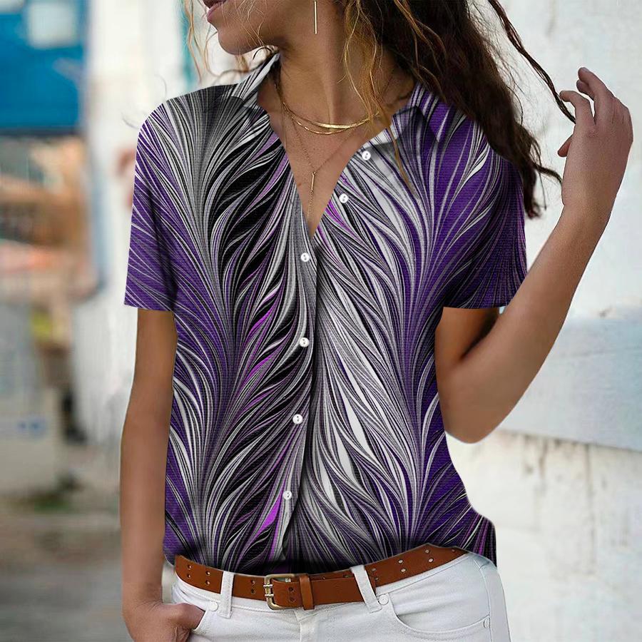 2023 Summer New Fashion Women's Drifting Reeds Printed Short Sleeve V-neck Casual Button-down Shirt Top