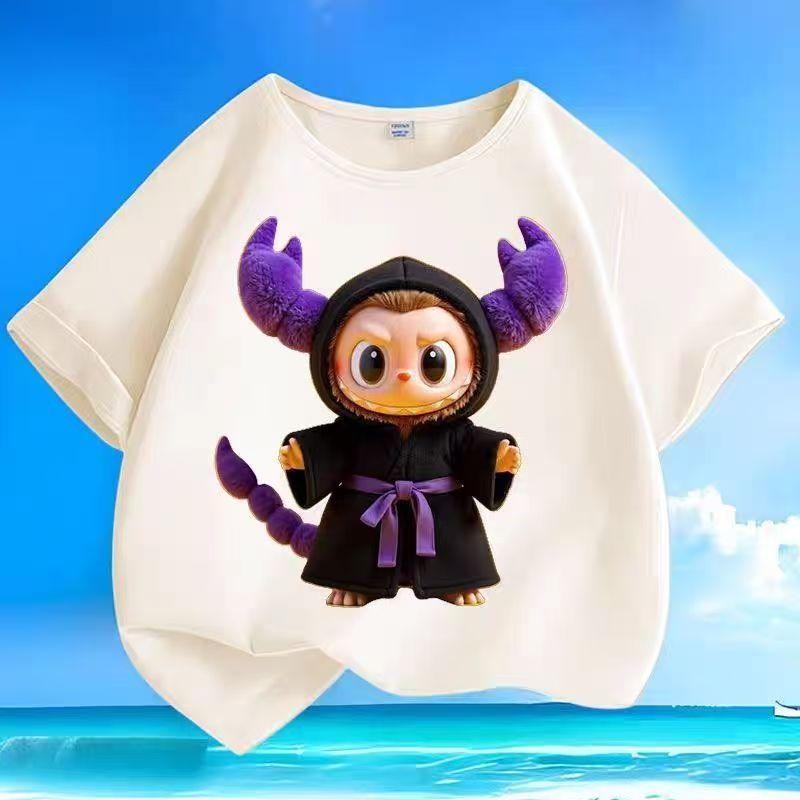 Детские футболки с мультяшным принтом двенадцати созвездий LABUBU, бежевый топ с коротким рукавом для мальчиков и девочек, трендовая одежда, подарок