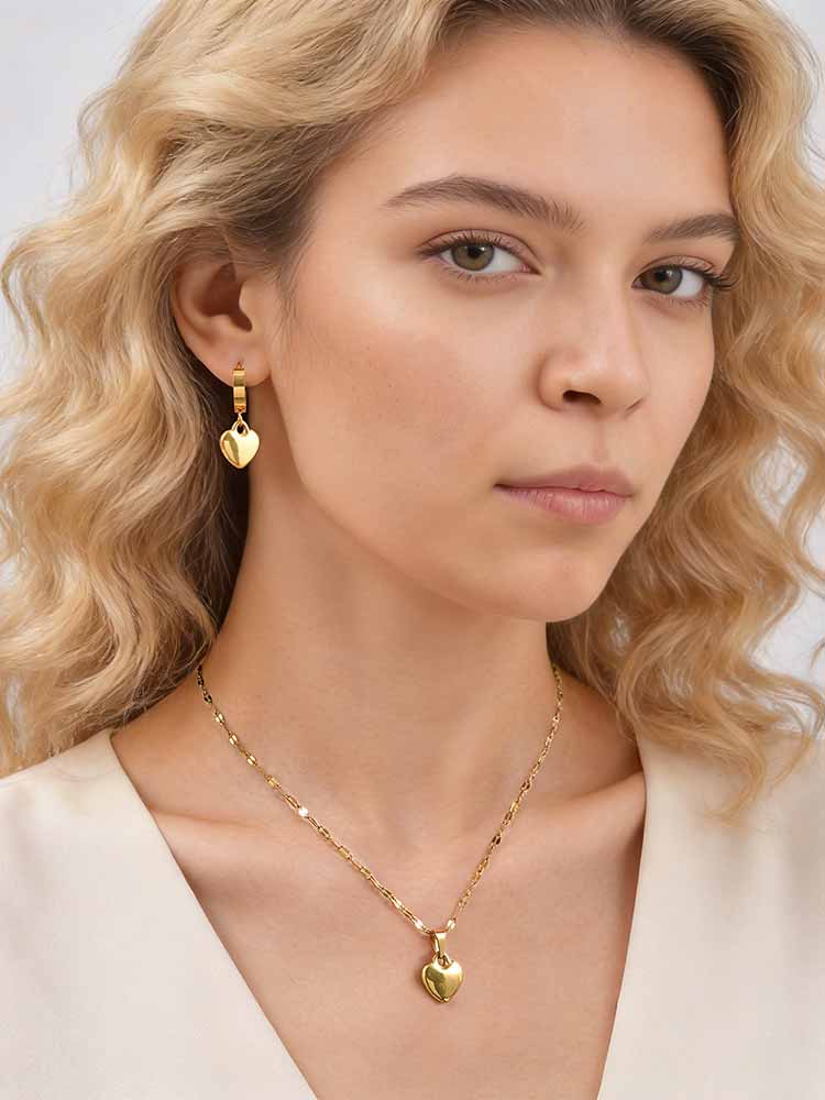 18K Gold Plated Stainless Steel Heart Jewelry Set for Women Girls, Love Heart Pendant Necklace Hoop Earrings Waterproof