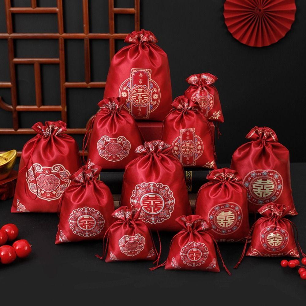 10pcs Embossed Flowers Wedding Candy Bag Chinese Style Handbag Bag Drawstring Bag  Female/Girls