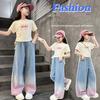 2024 Big Teens Girl Tencel Wide-Leg Jeans Kids Girls Gradient Color Pants Children Outwear Long Trousers Girl Clothing 4-12Years