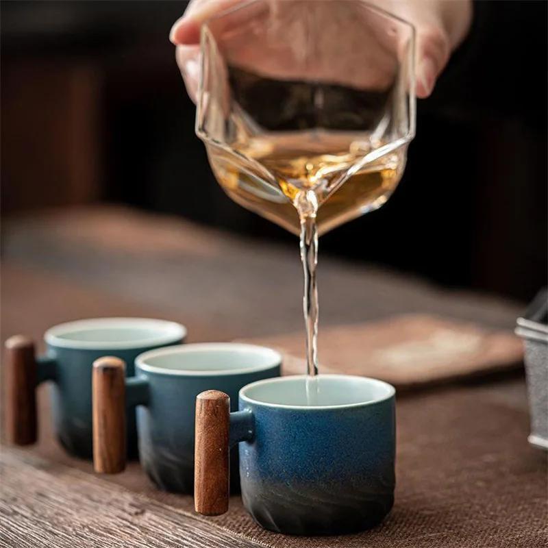Ретро керамическая кофейная чашка, фильтр для чая, кружка, однотонная градиентная глазурь, деревянная ручка, ручная кофейная чашка, чайная чашка для офиса, Gfit