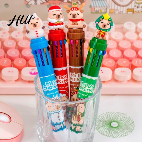 Marker Pen Set Christmas 10-Color Ballpoint Santa Snowman Topper Designs Multi-Color Festive Themed Writing Tool Fun Holiday Gift for Students Friends