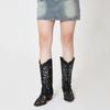GIGIFOX Cowgirl Rhinestone Boots Western Mid-Ice Boots For Woman Block Mid Healing Toe Hollow Out Retro Cowboy Boots
