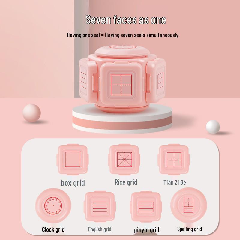 Tian Zi Ge Multi-Functional Seven-Sided Teaching Seal with Pinyin and Four-Line Three-Grid Clock.