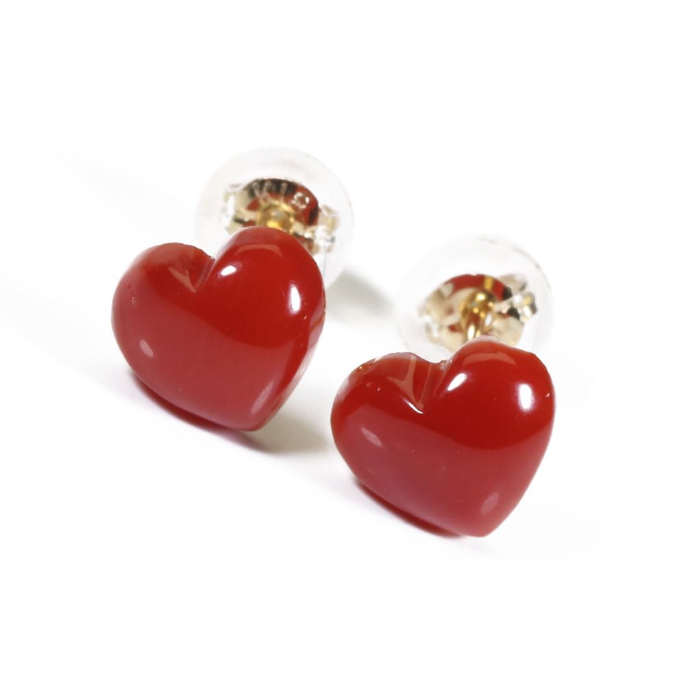 Blood Red Coral Earrings Heart K18 Yellow Gold Undyed Coral