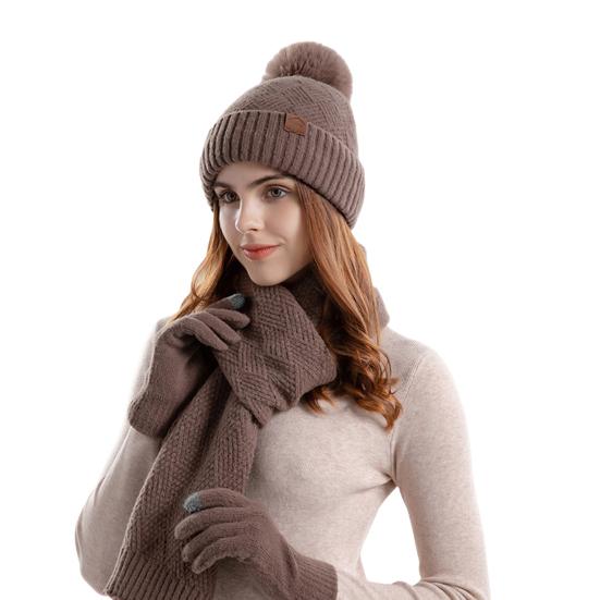 Women's Winter Hat Scarf Gloves Set Faux Fur Pompom Ball Knitted Cap Long Scarf Touch Screen Gloves Set for Cold Weather