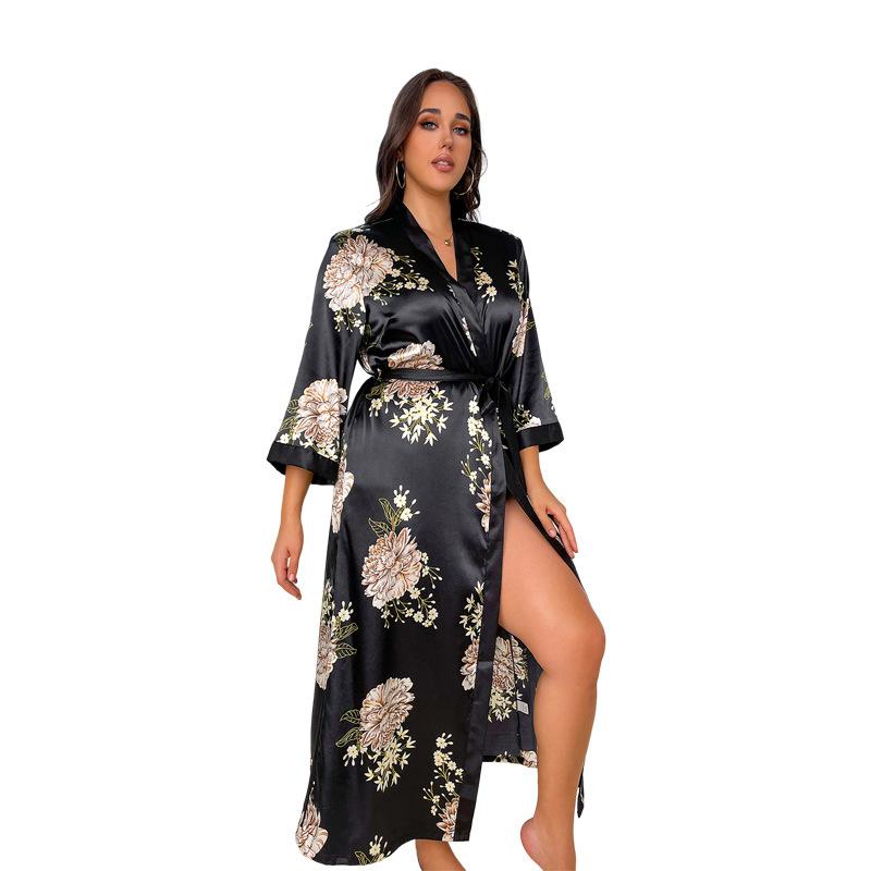 Plus Size Nightgown Fashion Casual Loose Printed Long Simulation Silk Sexy Sleeping Robe