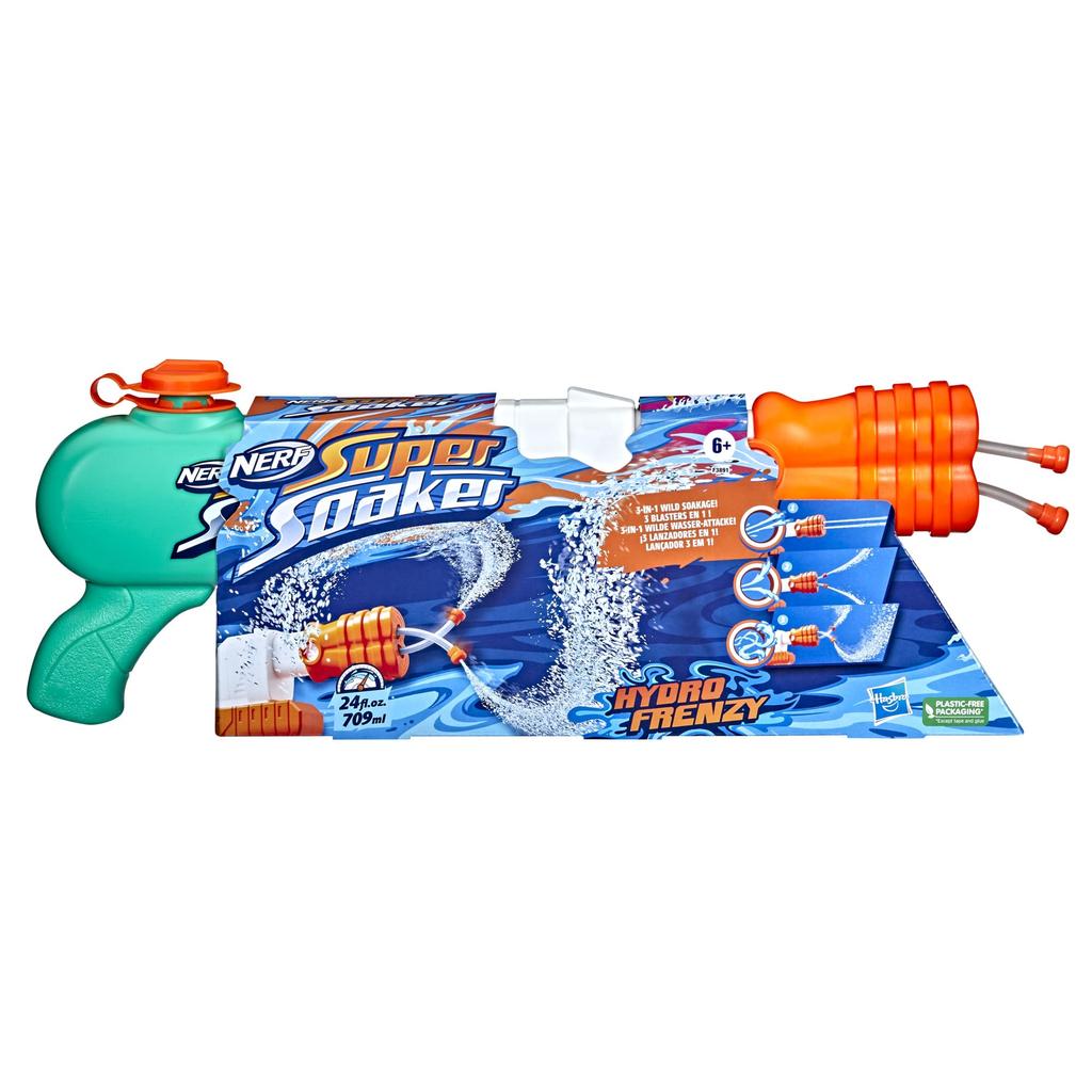 Водяной пистолет Hasbro Nerf Super Soaker Hydro Frenzy, емкость бака 709 мл, Дикий стиль, 3 режима струи, Регулируемая насадка, 2 ствола для запуска, Веселье для детей