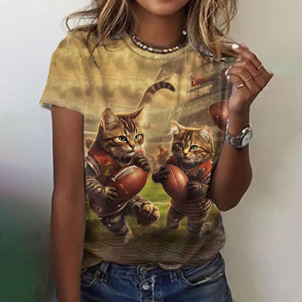Fun Animal Pattern Women's T-shirt Cat Print Casual Short Sleeved Top