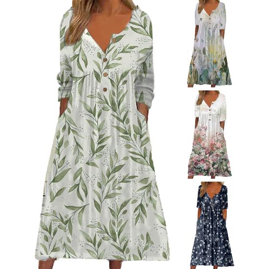 Summer Women Dress A-line Loose Hem Pleated O Neck Button Short Sleeve Loose Side Pockets Retro Floral Print Mid-calf Length Commute Beach Midi Dress