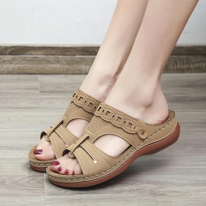 Summer New Fashionable Round Toe Open Toe Women's Sandals Thick Sole Wedge Heel Comfortable Casual Women's Slippers