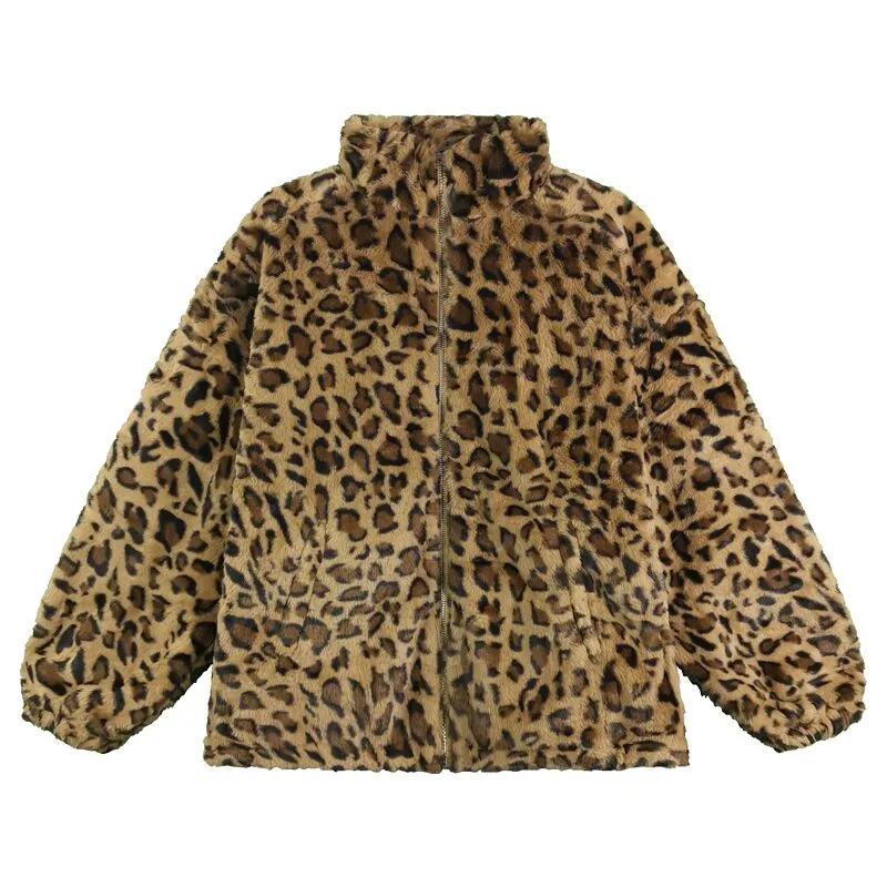Autumn Winter Slimming Mid Length Jacket Top Leopard Print Jacket Women's Stand Collar Warm Parkas Outwear Female Loose Faux Fur Coats