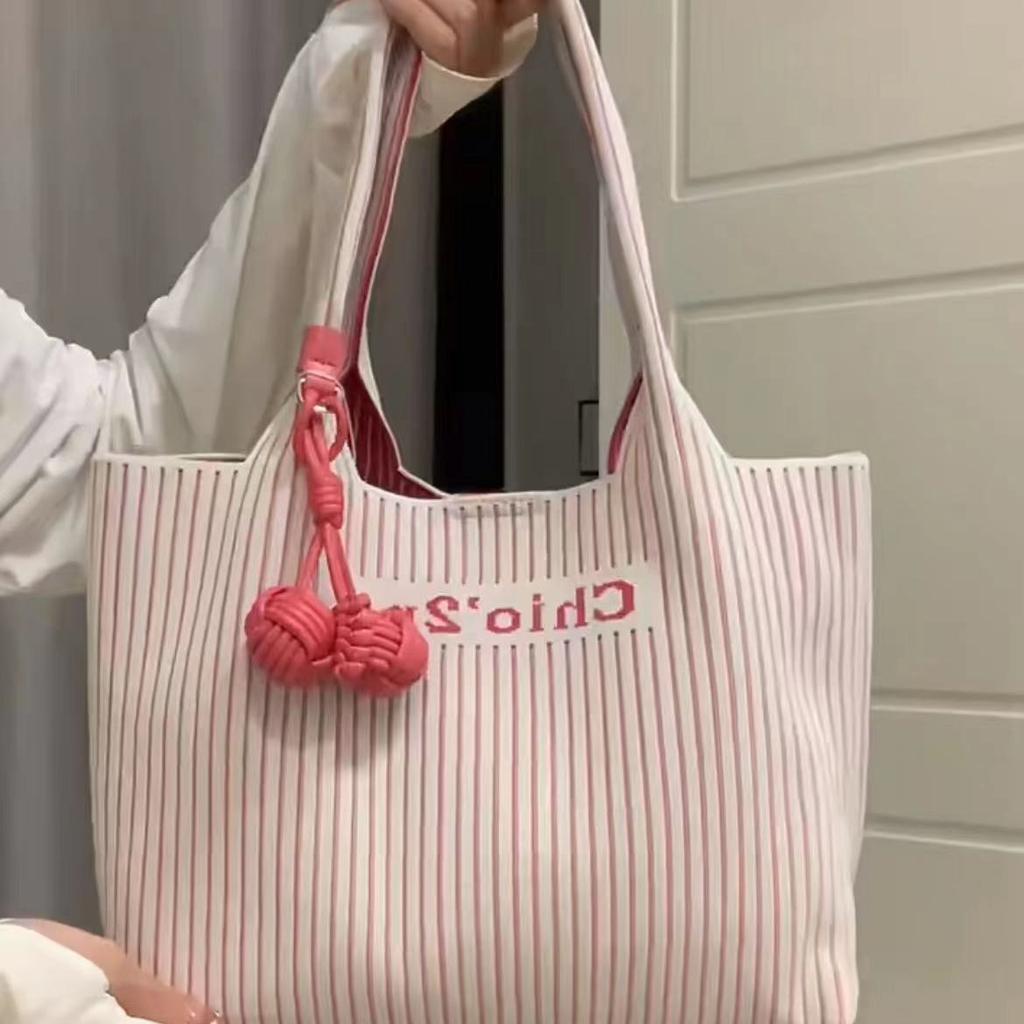 Chio2Nd Розовая полосатая сумка-тоут через плечо, женский нишевый дизайн, простая большая сумка