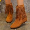 Women's Studded Western Cowboy Boots, Slip-On Flat Tassel Leather Boots, Plus Size Fall Winter Shoes