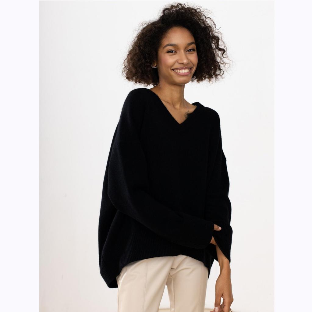 Qooth Женский свитер оверсайз с V-образным вырезом, мягкая вискозная смесь, осенне-зимний пуловер, повседневная одежда для дома QT2748