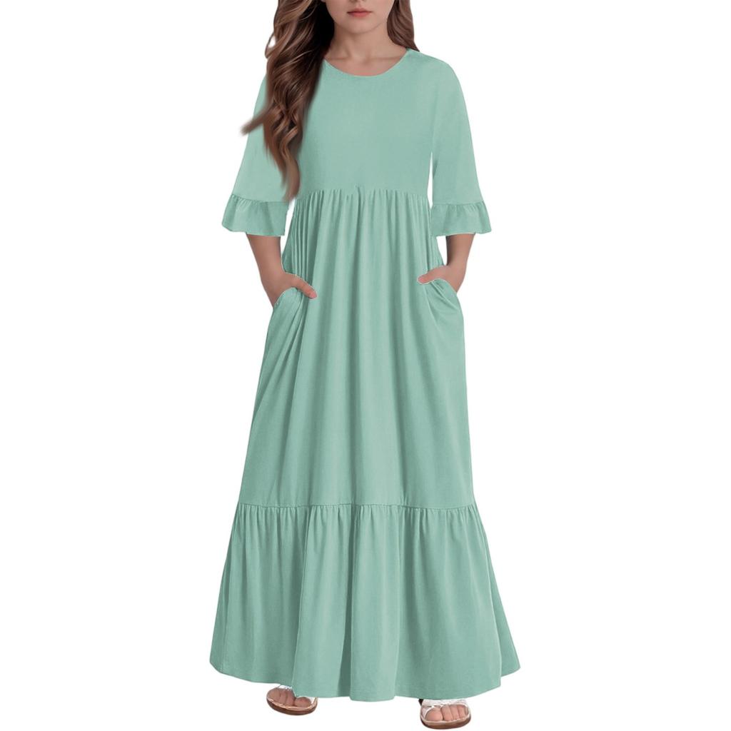 Girls' Tiered Ruffle Dress - 3/4 Sleeve Pocket Maxi With Pockets