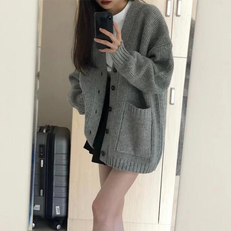 Женский свитер средней длины, кардиган, свободная вязаная куртка с v-образным вырезом