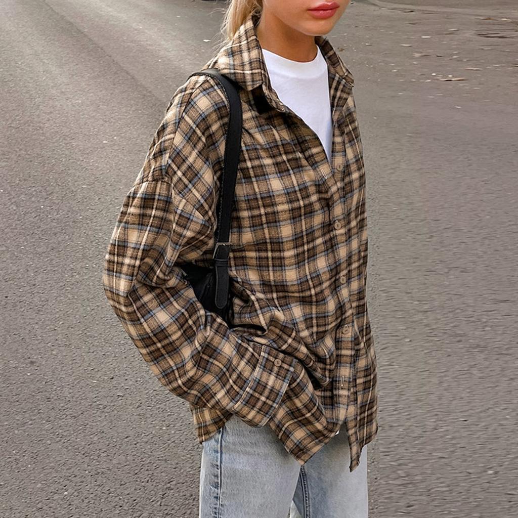 Модная женская свободная рубашка в клетку в стиле ретро