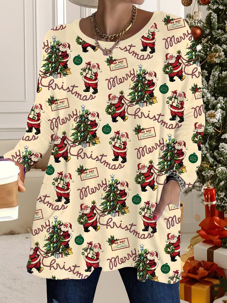 2025 Autumn Winter New Plus Size Women's Tops, Christmas 3D Print Fashion Crew Neck Long Sleeve T-Shirts