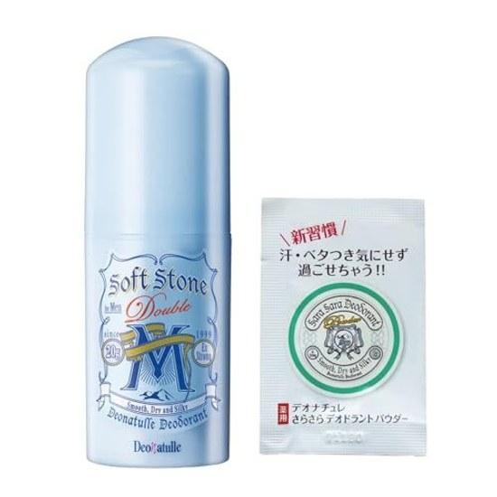 Deonature Mens Soft Stone W underarms direct application antiperspirant stick mint 1 piece (20g) smooth powder sachet included.