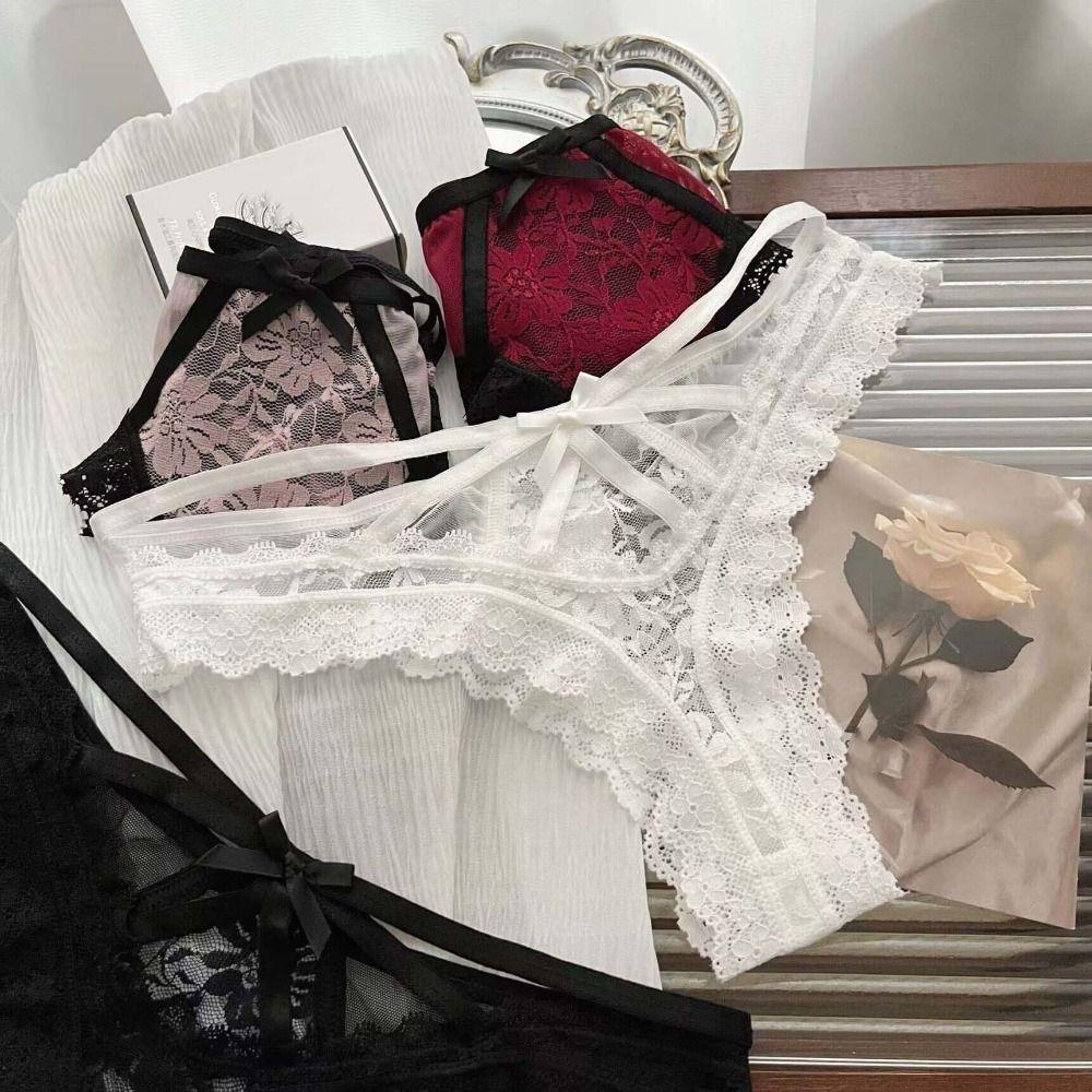 Ruffle Lace Flower Transparent Briefs Patchwork Mesh Floral Bowknot Panties Comfortable   Lady
