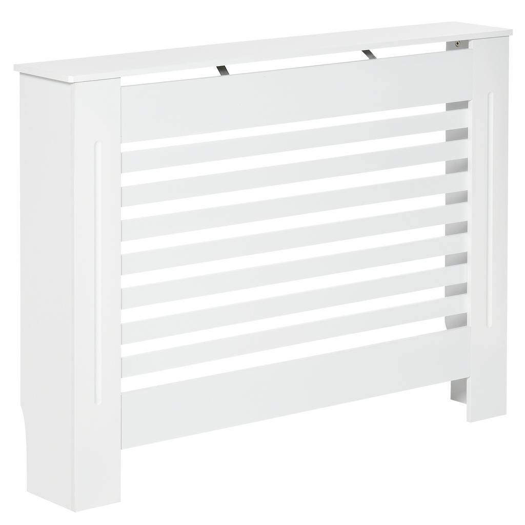 White Wooden Radiator Cover for Radiators and Heaters, Modern Radiator Cover with Anti-Tip, Slats and Support Surface, 112x19x81 cm