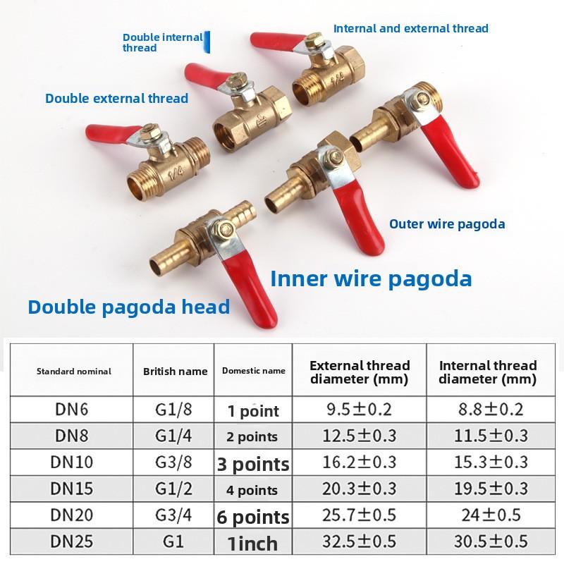 1pcBrass Ball Valve 4-12mm Hose Barb 1/8''1/2''1/4'' Male Thread, Female Thread Joint, Straight Joint, for Water, Oil, Fuel Pipe