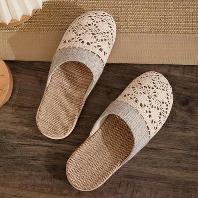 Модные женские домашние льняные тапочки 2025 Весенне-летняя обувь Противоскользящие Легкие Дышащие Кружевные Парные Домашние Шлепанцы для Пола