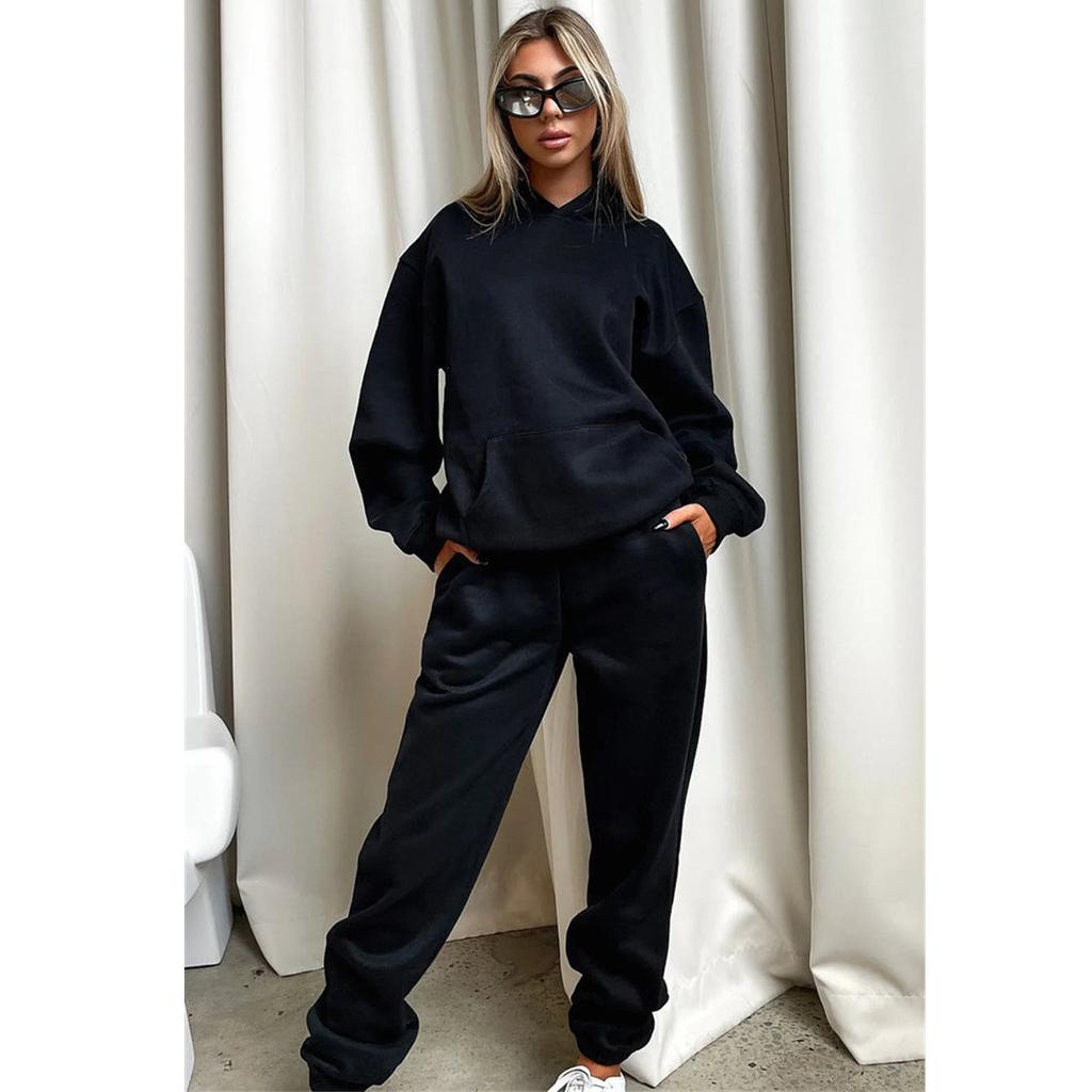 Женский однотонный комплект осенне-зимнего флисового свитшота с длинными рукавами и капюшоном, модный повседневный толстовка, брючный костюм