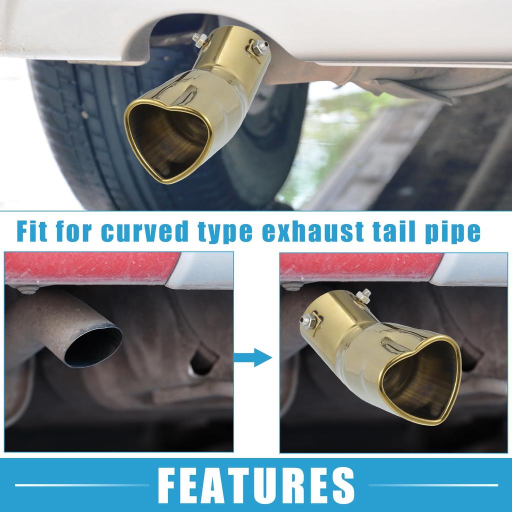 ABSOPRO Car Curved Exhaust Tip 61mm 69x61mm 190mm Muffler Stainless Gold Tone Heart-Shaped Tailpipe, Inlet, Outlet, Length, Bolt-On Tip, Steel,