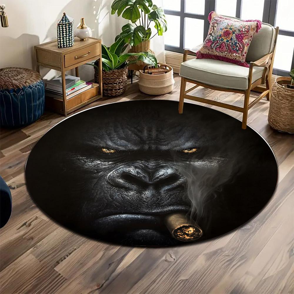 Smoky Gorilla Portrait Print round rug, living room, bedroom, playroom carpet, non slip floor mat, gift