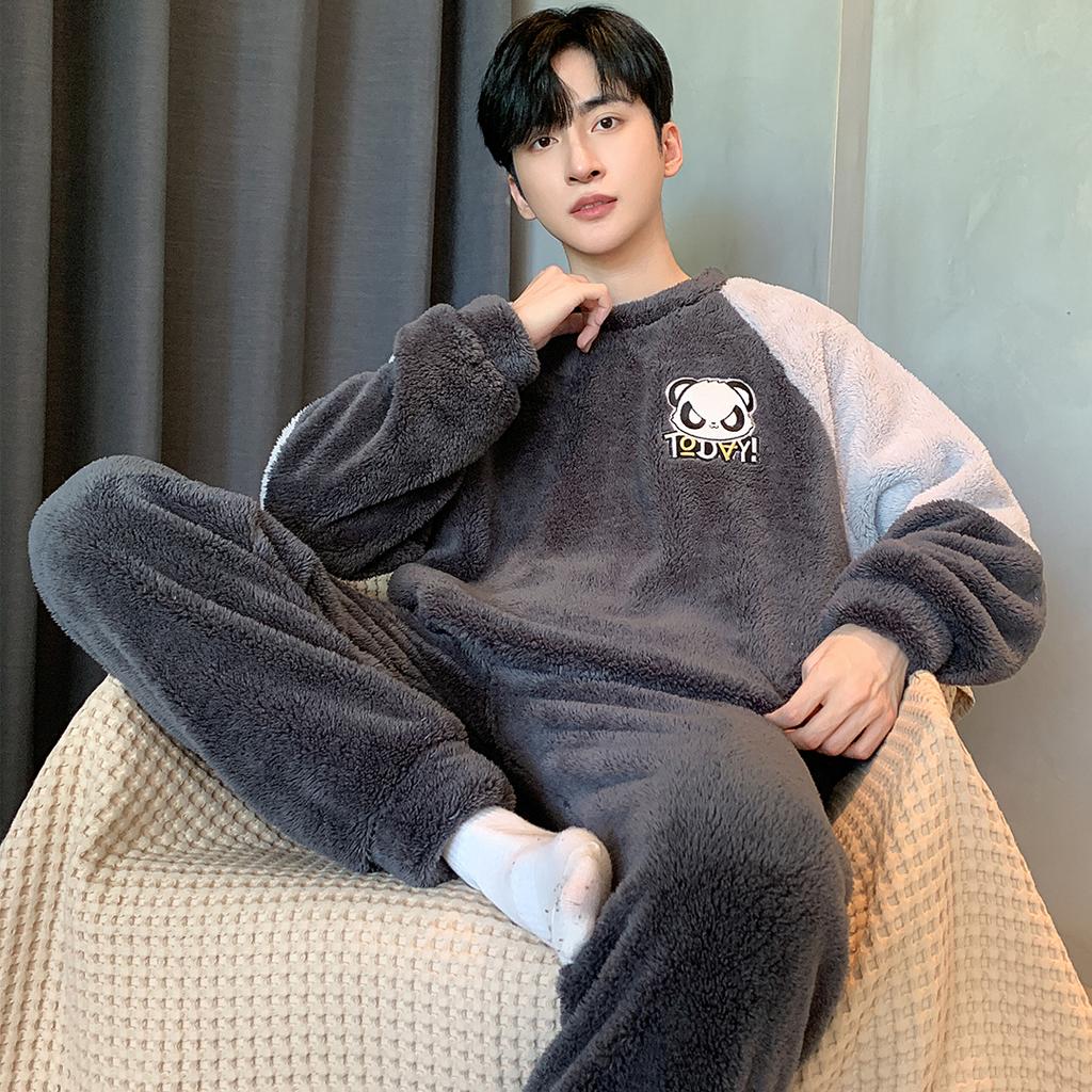 Осенне-зимний комплект мужской пижамы из кораллового флиса, утепленная фланель, теплая пижама большого размера с рисунком, мягкая пижама для мужчин, домашняя одежда
