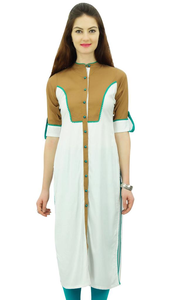 Phagun Women Rayon White Kurta Mandarin Collar Casual Indian Ethnic Wear -