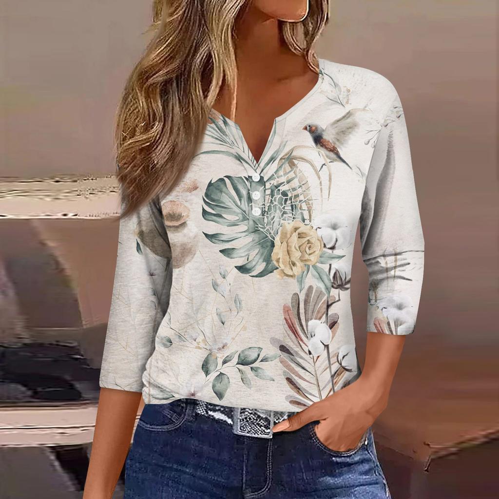 Женская модная повседневная футболка с коротким рукавом и V-образным вырезом, декоративными пуговицами и рукавом три четверти